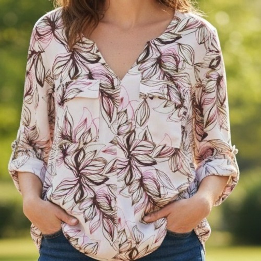 Chaus Floral V-Neck Blouse Boho Roll Tab Sleeve Top XL Pink White
